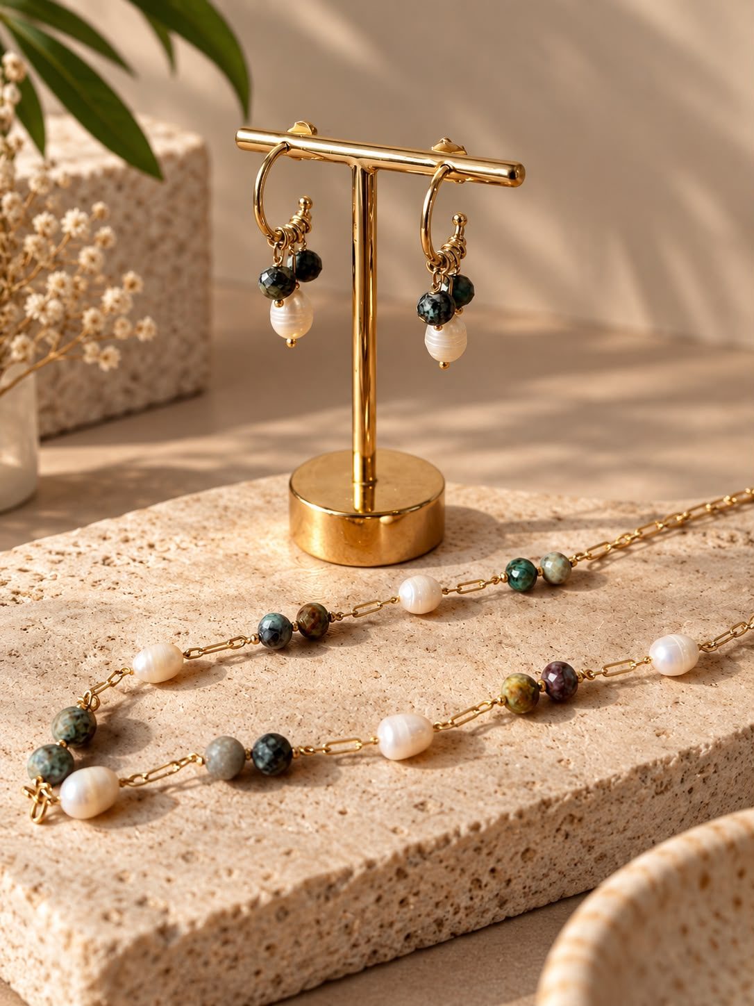 Conjunto Labradorita com Pérolas banhado em Ouro 18K