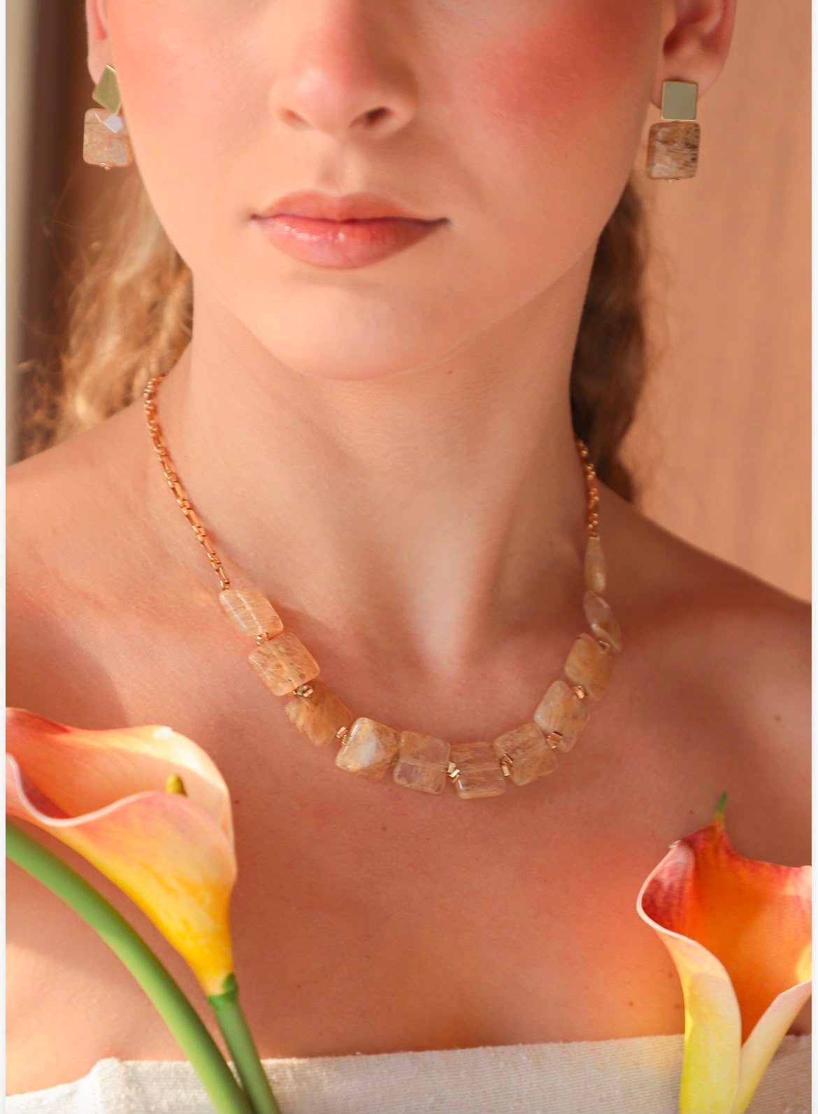 Conjunto Quartzo Rutilado, colar e brincos banhados em Ouro 18K — imagem 2