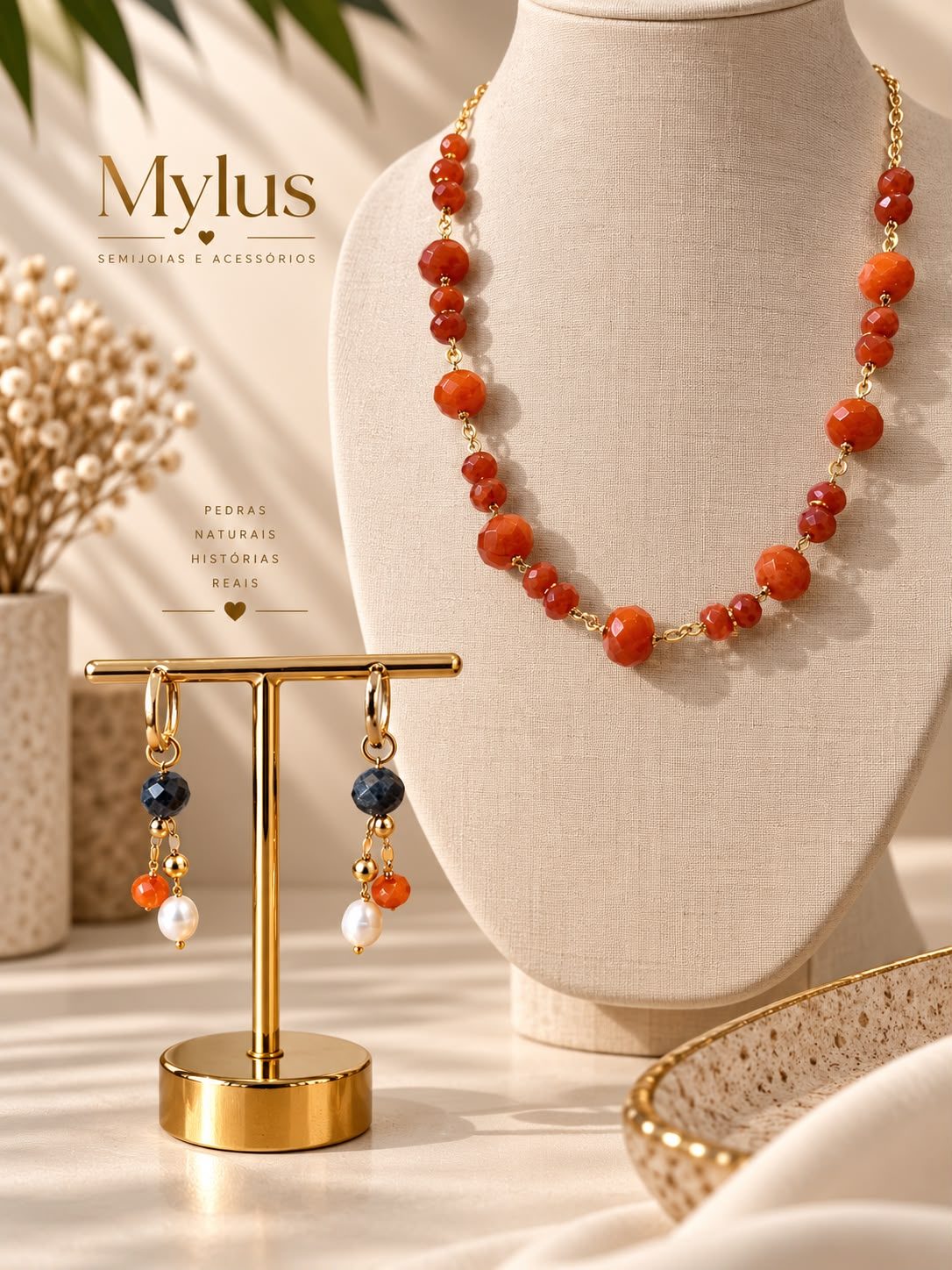 Conjunto Jade Aperol & Safira banhados em Ouro 18k