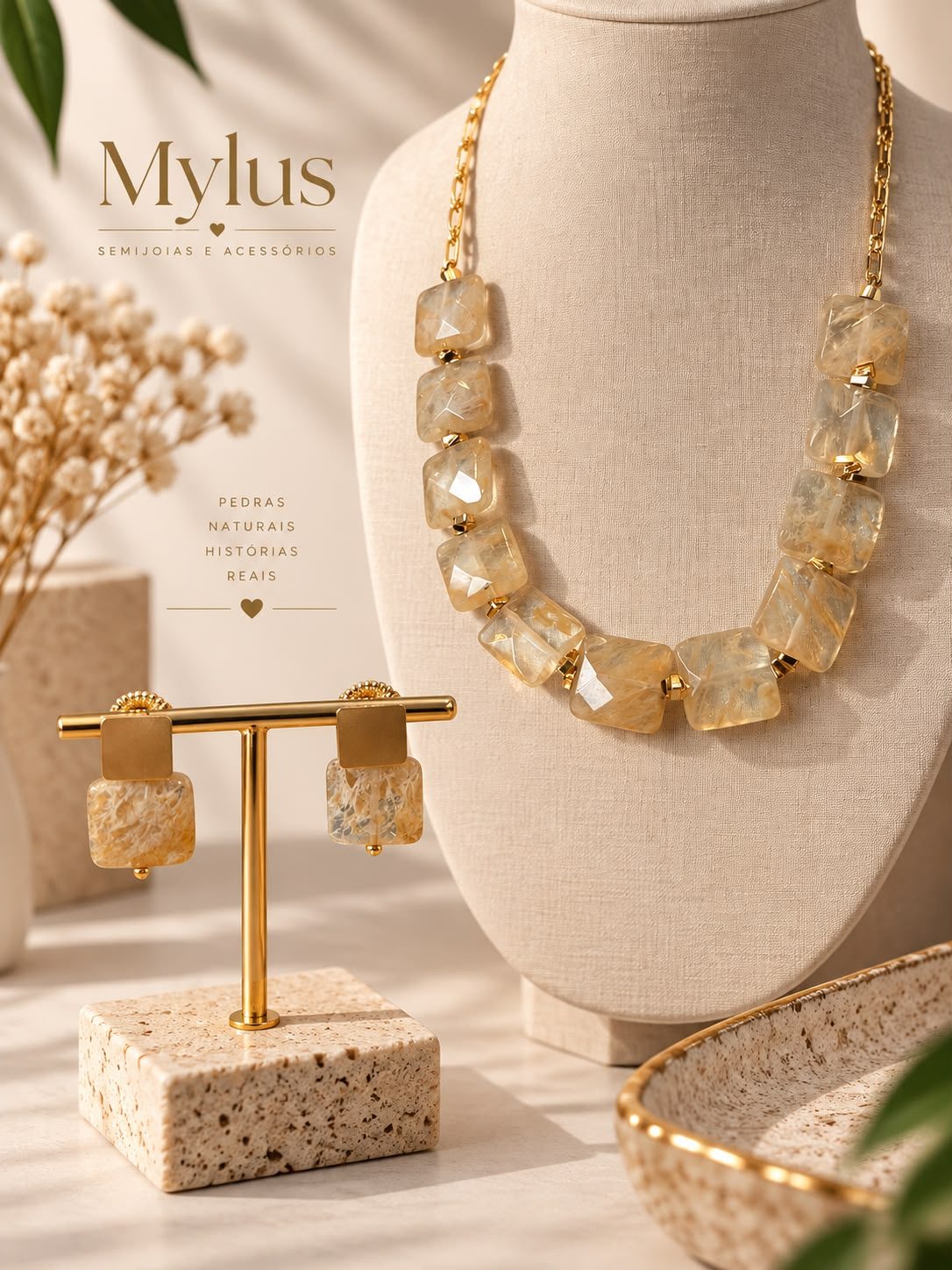 Conjunto Quartzo Rutilado, colar e brincos banhados em Ouro 18K