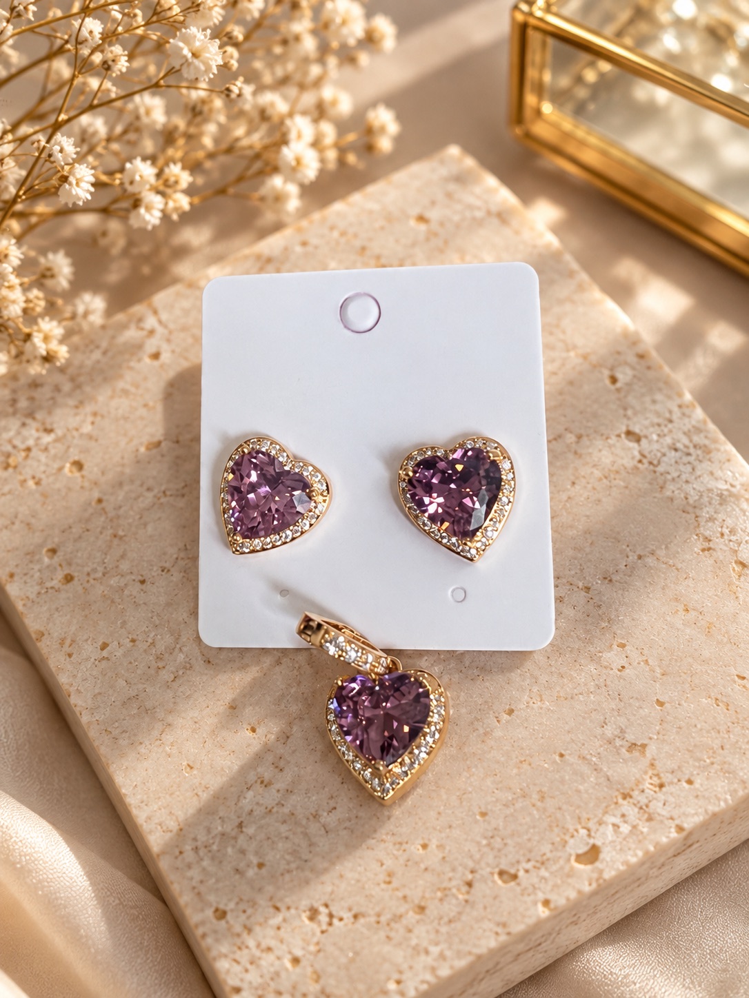 Conjunto Coração Rodolita Zircônia Premium banhado em Ouro 18k